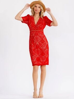 707. Just Me Red Lace Short Sleeve Puff Open Back Dress